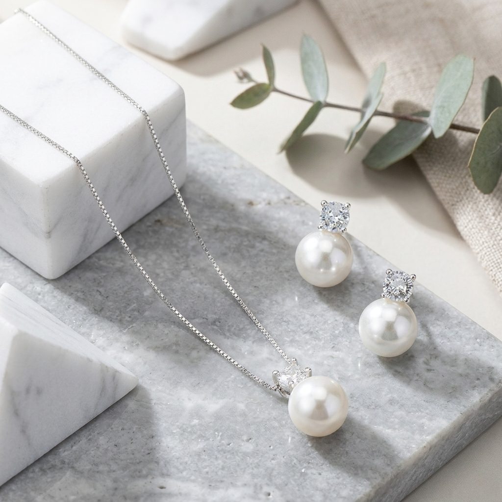 TEMU Set de collar y aretes de perlas de con circonias incrustadas en acero inoxidable 316, lujo , colgante de una sola cuenta, joyería completa para