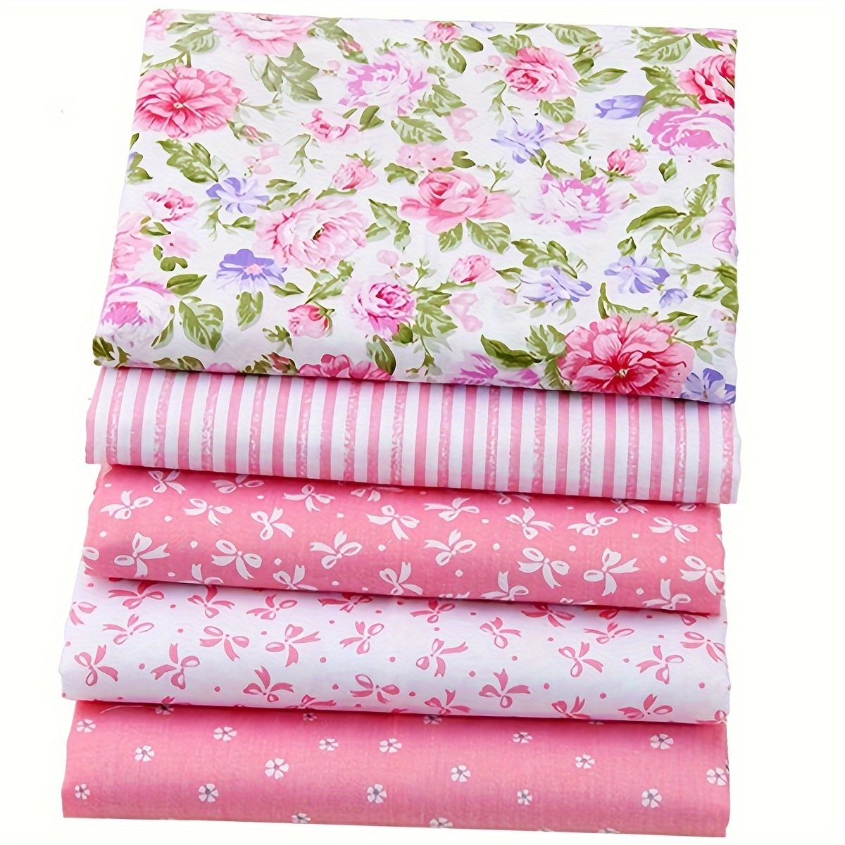 E-shop 5-teiliges Stoffbündel mit rosa Blumen- Streifenmuster – 15,8 x 19,7 Zoll, vorgeschnittenes Quilt- Patchwork-Material für DIY-Bastelarbeiten,