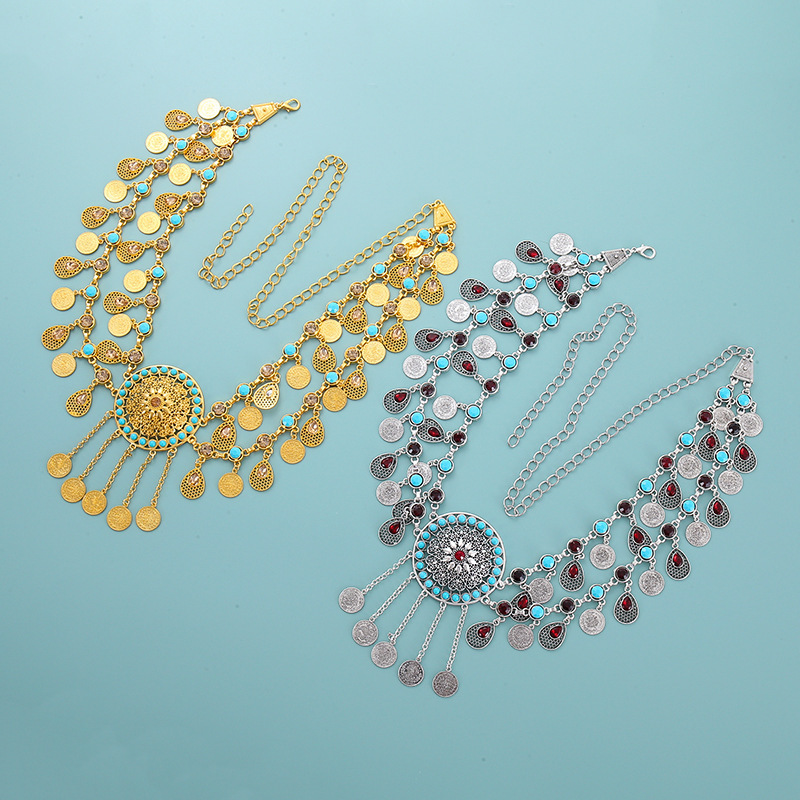 [Bohemian Waist Chain Necklace] NEULRY Women's Bohemian Retro Tassel Waist Chain Necklace - Vintage-Inspired Golden-Tone Metal with Turquoise & Clear Gemstones, Adjustable Headpiece & Waist Chain for Daily Wear, Parties, Weddings, Bohemian Jewelry, Party Accessory, Vintageinspired Design, Intricate Beaded Detail