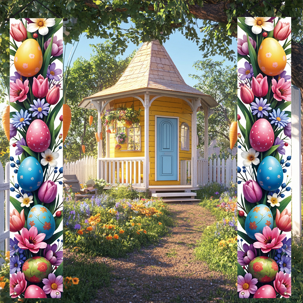 

1 Pair, Spring Egg & Floral Porch Banner - Vibrant Polyester Door Decor With Colorful Eggs, Flowers, And Birdhouse Design For Indoor/outdoor Use On Front Porch, Patio, Garage, Or Home Background