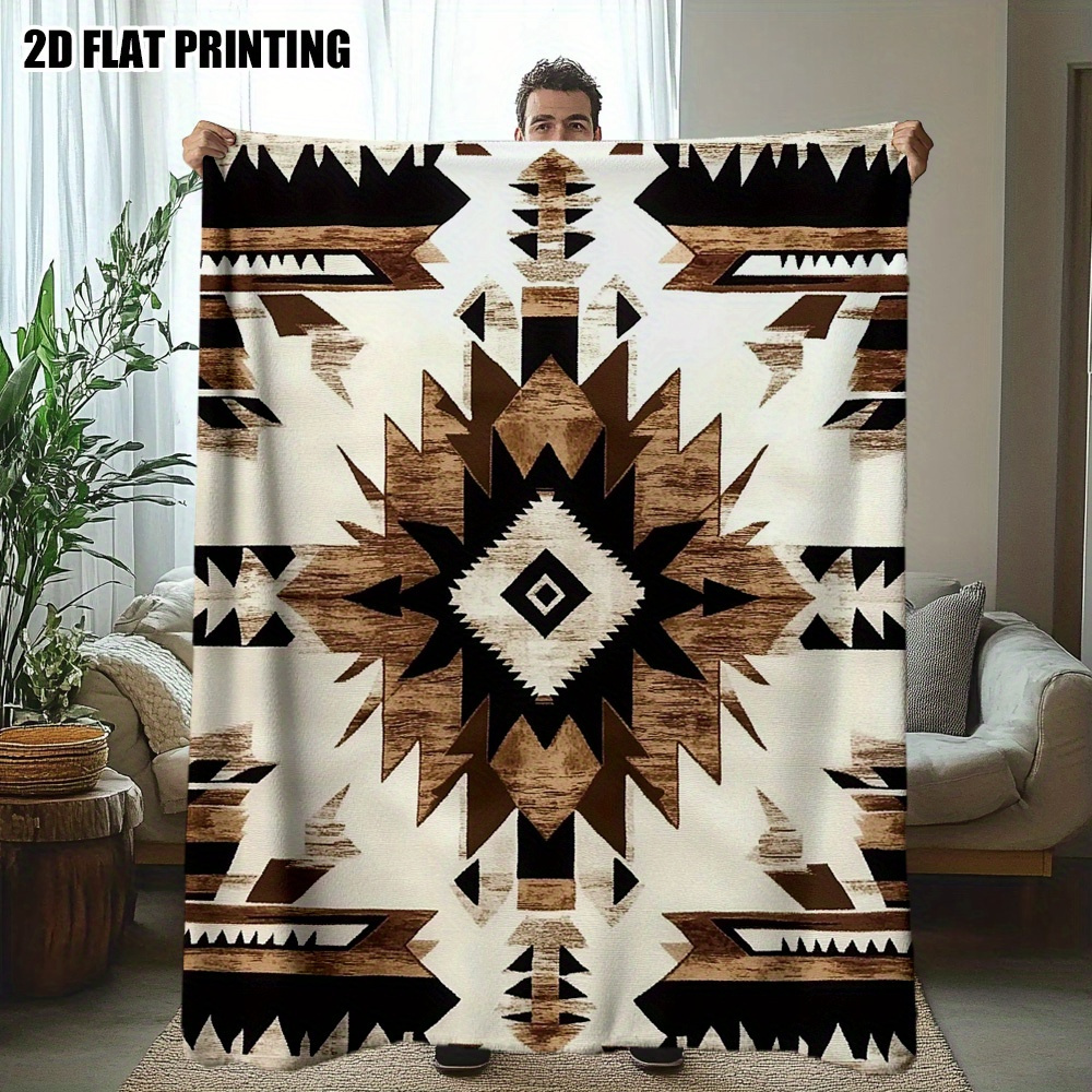 TEMU A 2d Flannel Tribal Geometric Print Throw Blanket - Brown//beige/gray/black - Use, Suitable For, Sofa, Camping, Office - Modern Decor -