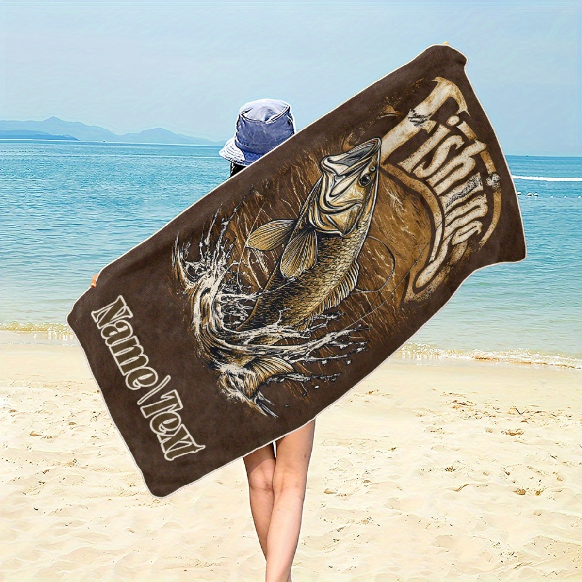 TEMU Custom Name Fishing Scene With Fish Beach Towel-soft, Ultra-absorbent Microfiber, Lightweight&windproof, Beach, Parties, Travel, Camping -