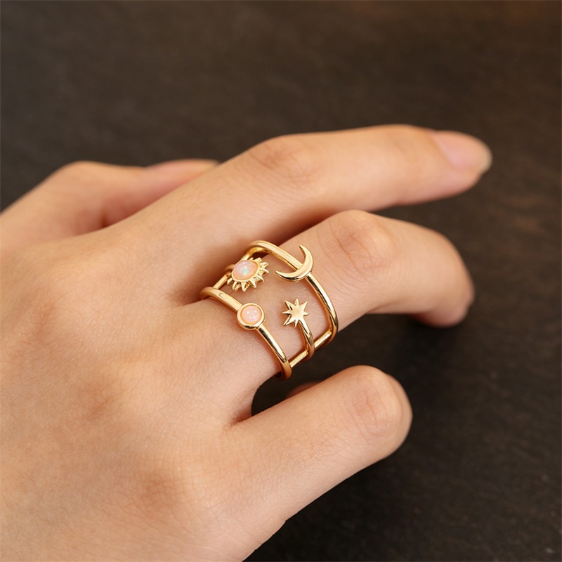 Women's Bohemian Engraved Moon Sun Star Adjustable Ring, Vintage Opal