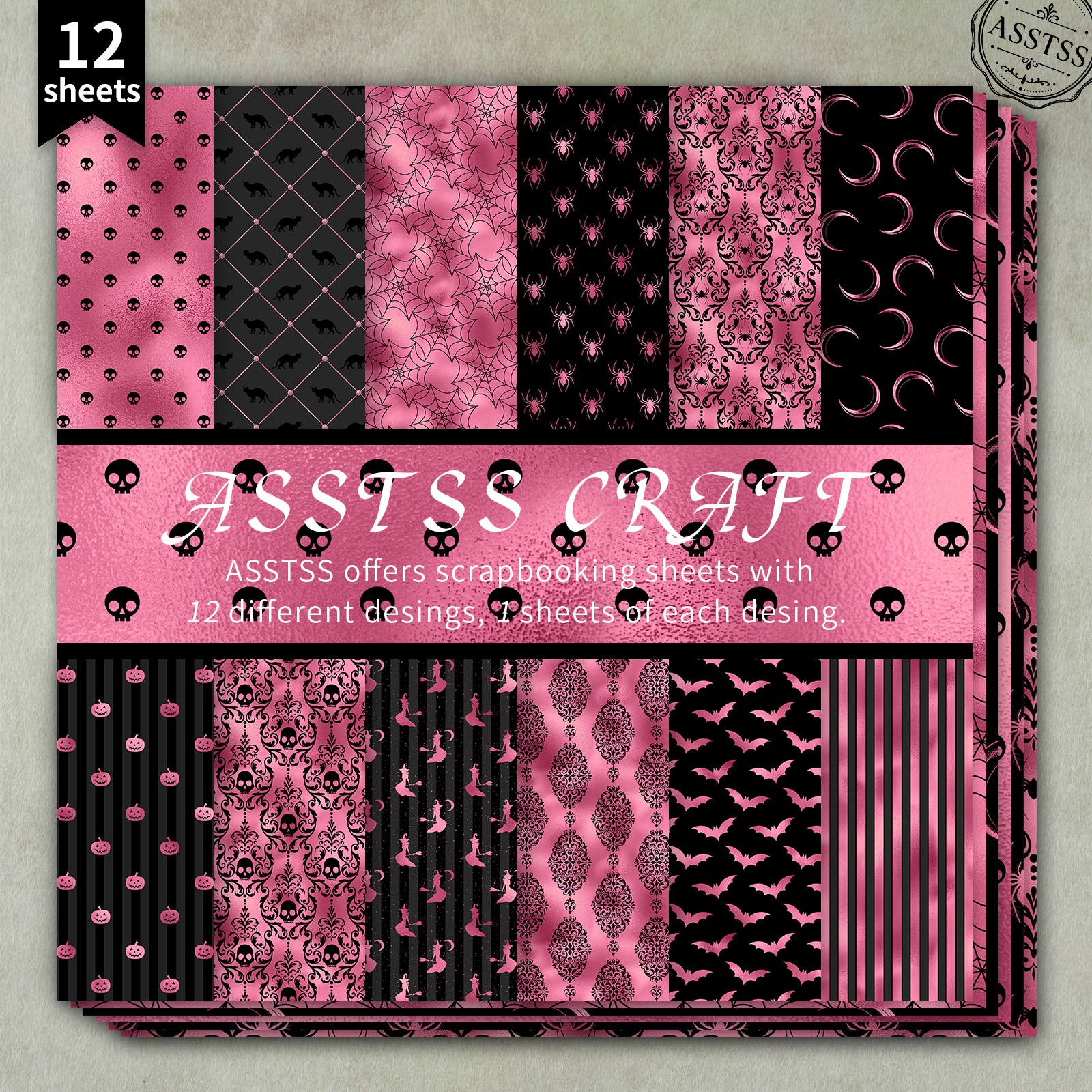 TEMU 12-sheet Asstss 6*6inch Scrapbooking Paper Pad, Halloween Black-pink Metallic Bat Witch Dark Pattern Style Backing Paper Supplies, Heavyweight