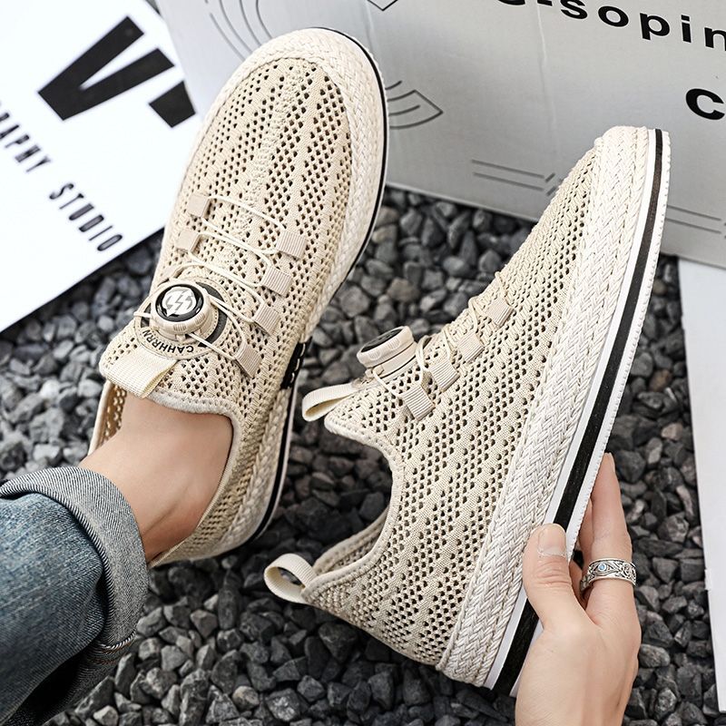 Men's Casual Shoes, Straw Woven Rotating Buckle Fisherman Shoes, Large Mesh Hollow-Out Skate Shoes, Breathable Slip-On Loafers for Men