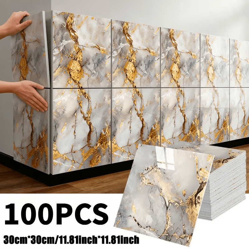50pcs/100pcs Marble Tile Wall Stickers, Easy To Stick And Peel, Waterproof Self-adhesive Panels For Kitchen, Living Room, Bathroom, , Home And Dormitory, 29.99*29.99cm