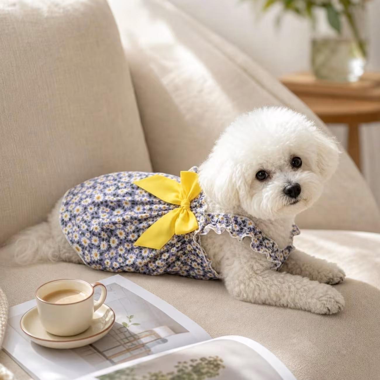 1pc small dog summer dress floral printed ruffle strap pet cami dress with back bow cute puppy clothes for bichon poodle daily outfit Product details 4