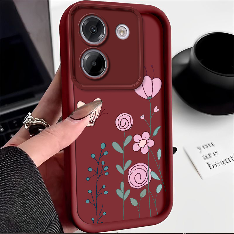 zdjęcie przedmiotu etui na telefon - kompatybilne z xiaomi poco m7 4g, m7 pro 5g, miękkie etui w minimalistycznym  , ręcznie rysowane różowe kwiaty i wzór motyla, odporna na wstrząsy konstrukcja, ochrona obiektywu, unisex