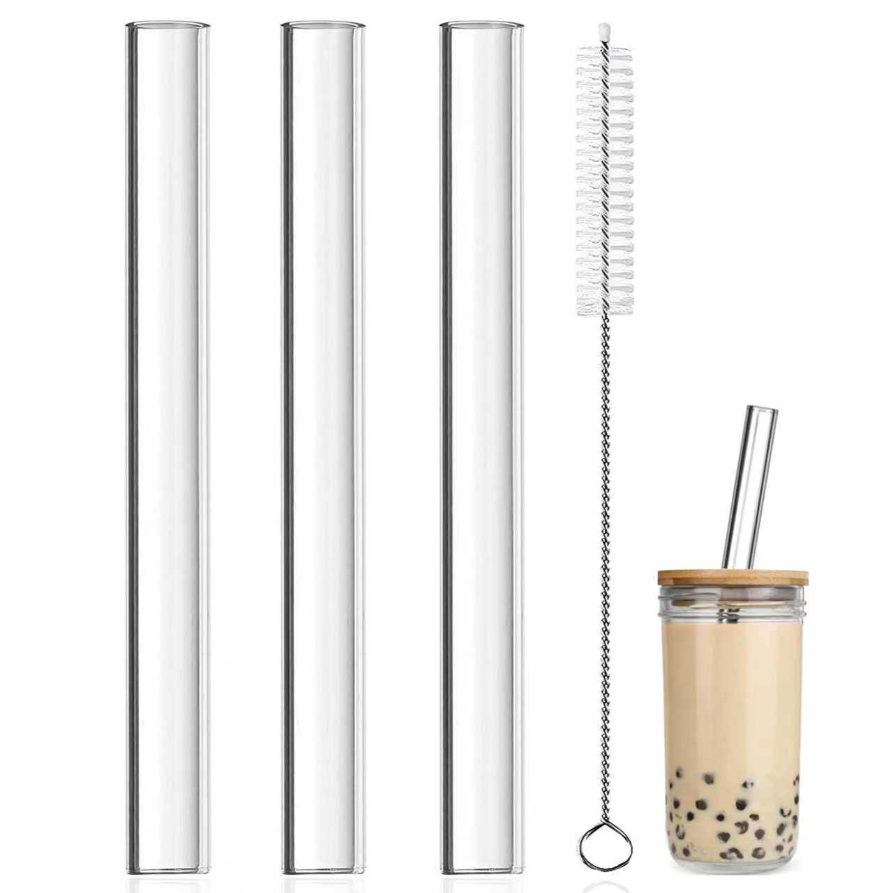 Image of 3-pack Reusable Glass Boba Straws 12mm Wide - Bubble Tea Straws For Smoothies & | Dishwasher Safe, Tubing W/cleaning Brush
