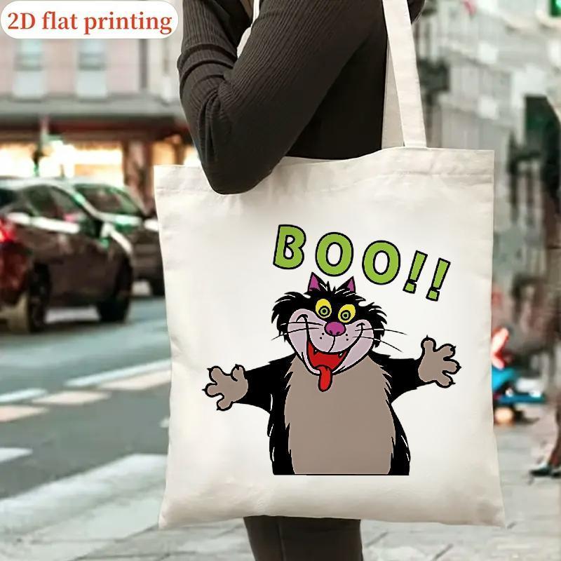 stylish white tote bag with humorous cartoon   boo green text   travel and beach activities casual shoulder bag with fixed strap durable polyester canvas cat bag cute phone case cartoon design floral pattern cute canvas lunch bag cartoon printing polyester material hand bag bag   bag   online shopping bag