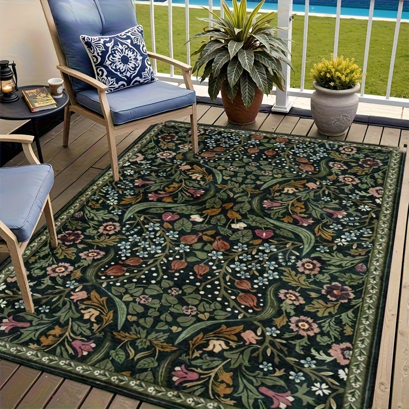 TEMU 1pc Of Vintage Bohemian Floral Outdoor Mat- Soft, Non-slip Polyester Material With Golden Diamond Pattern, Suitable For Patios, Rvs, , And
