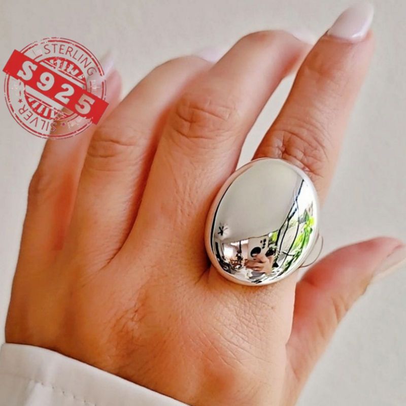 TEMU Handmade Vintage European Style Wide Band Pure Silvery Dome Shape Women's Ring, Valentine's Day Gift Very Suitable For Engagement, Occasions Or As A Unique Gift For Him