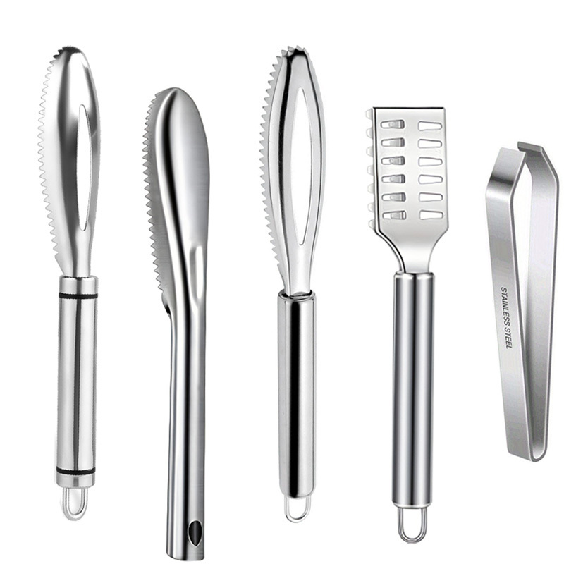 Image of 5pcs Stainless Scale Removal Tools, Fish Scale Remover, Fish Scale Cleaning Brush, Fish Bone Tweezers, Fish Scale Cleaning Tools - Suitable For Families, Hotel Kitchens, And Seafood Enthusiasts