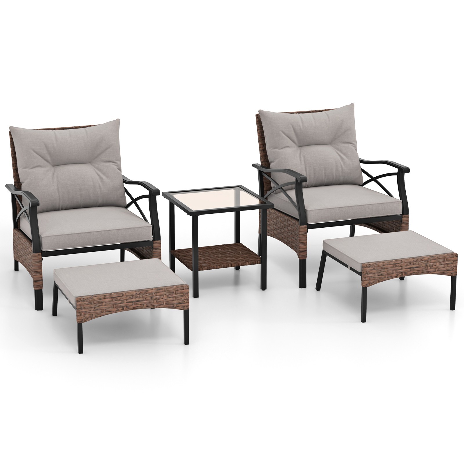 Image of 5pcs Wicker Patio Garden Sofa Set, Outdoor With Ottomans, Cushions And 2-tier Tempered Glass Side Table, For Garden, Porch, Balcony, Mixed Brown And Gray