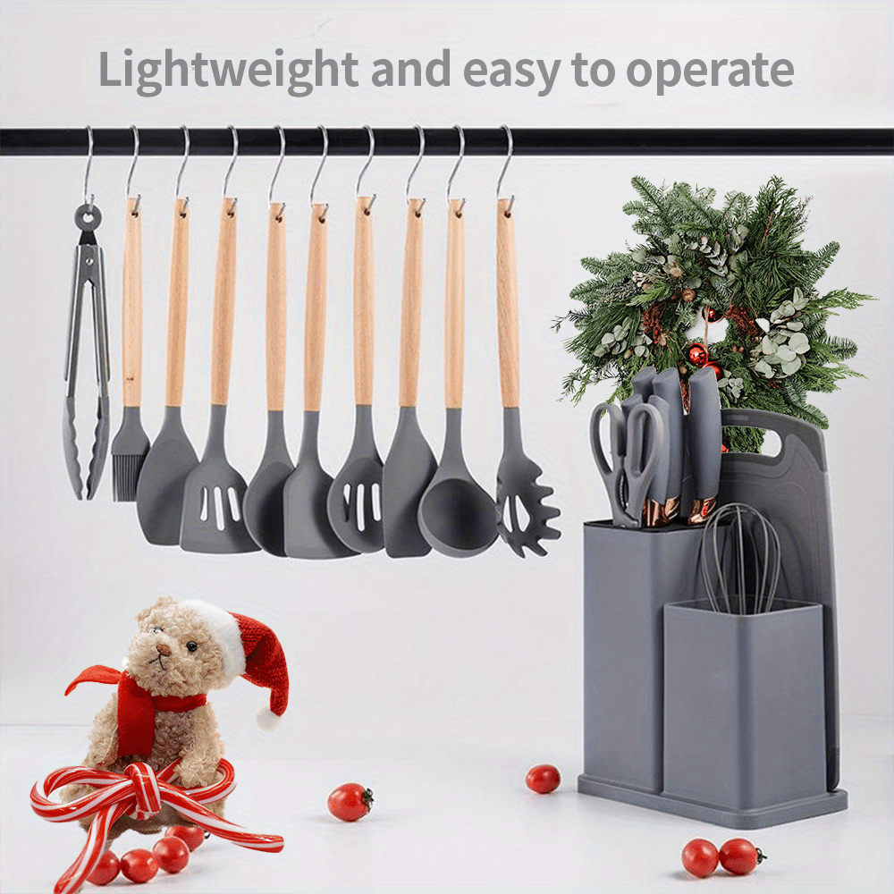 

19pcs Silicone Kitchen Utensil Set With Wooden Handles, Heat Resistant Cooking Tools, Includes Knives And Plastic Storage Organizer - Kitchen Gadgets & Cleaning, Baskets, Bins & Containers For