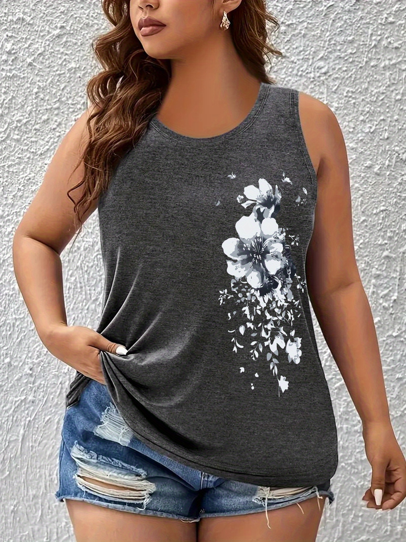 plus size floral print plus size fashion round neck tank top for women sleeveless vest