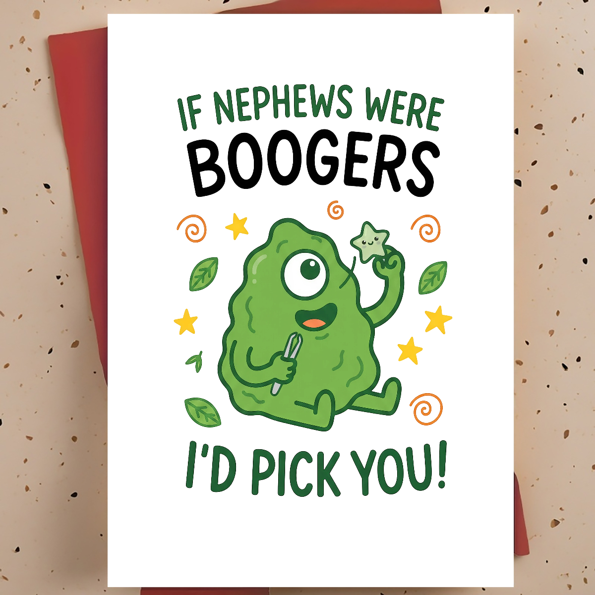 TEMU 1pc Cute Greeting Card For Nephew - Silly Green Booger , Funny Family Occasion, Thickened, With Envelope