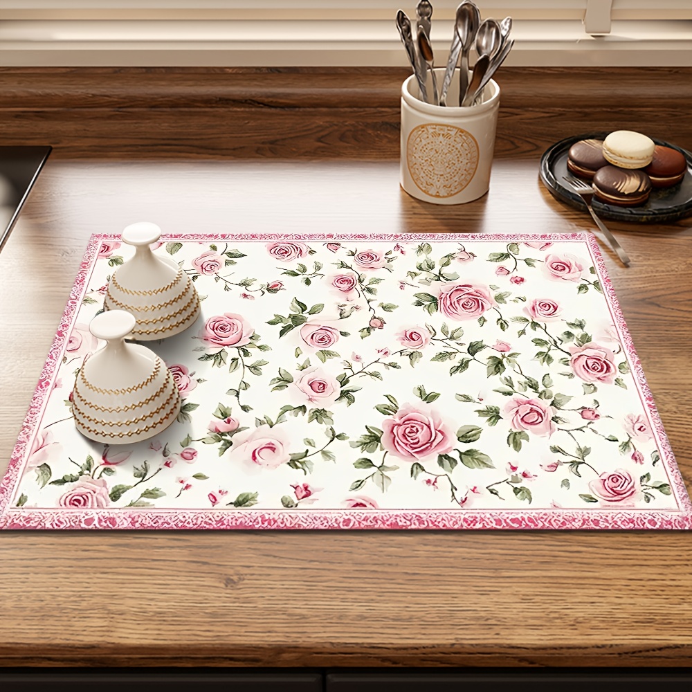 TEMU 1pc Pink Rose Green Leaves Pattern White Floral Dish Mat - Quick-dry Countertop Protector, With Non-slip Backing - Polyester Fiber Kitchen