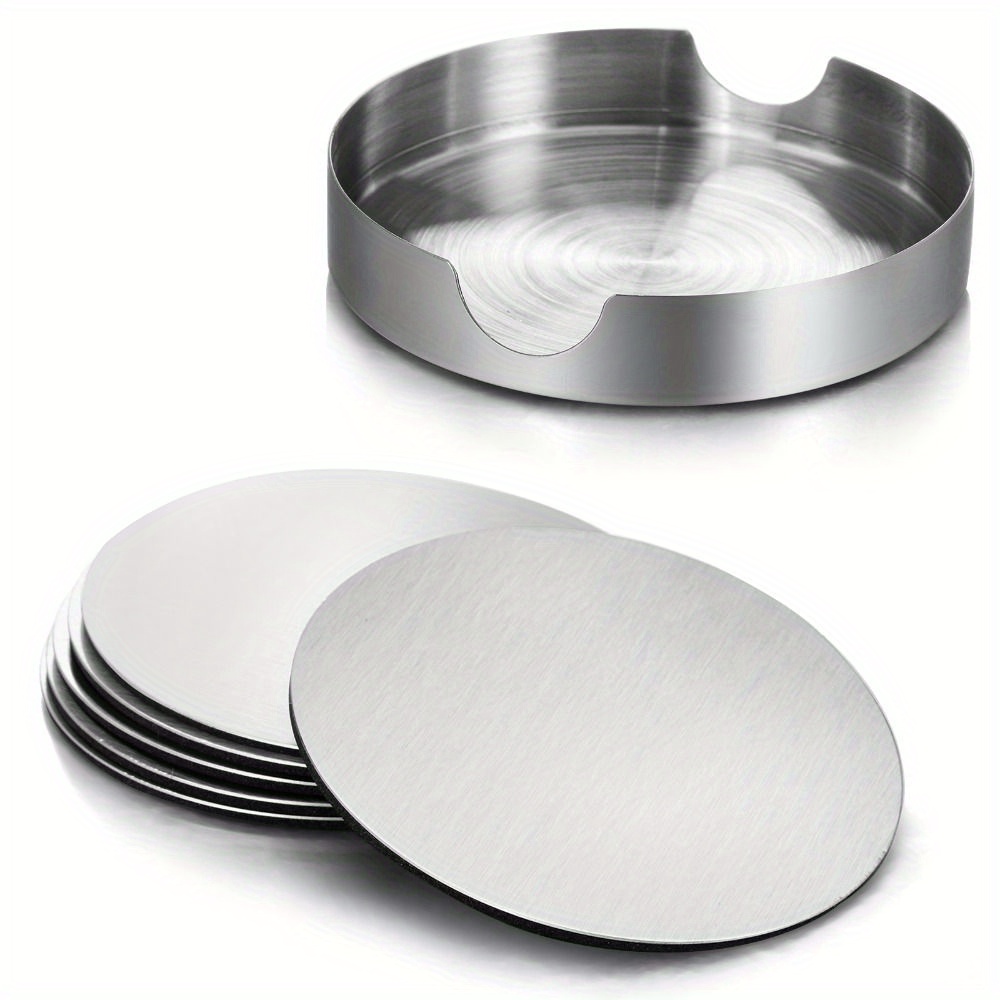 Image of 6pcs Stainless Steel Coaster Set With 1 Stand- Durable, Heat-resistant, , Suitable For Home, Kitchen, Office, And Restaurant Use, Kitchen Essential| Modern Coaster Set| Durable Coaster, Family Coaster
