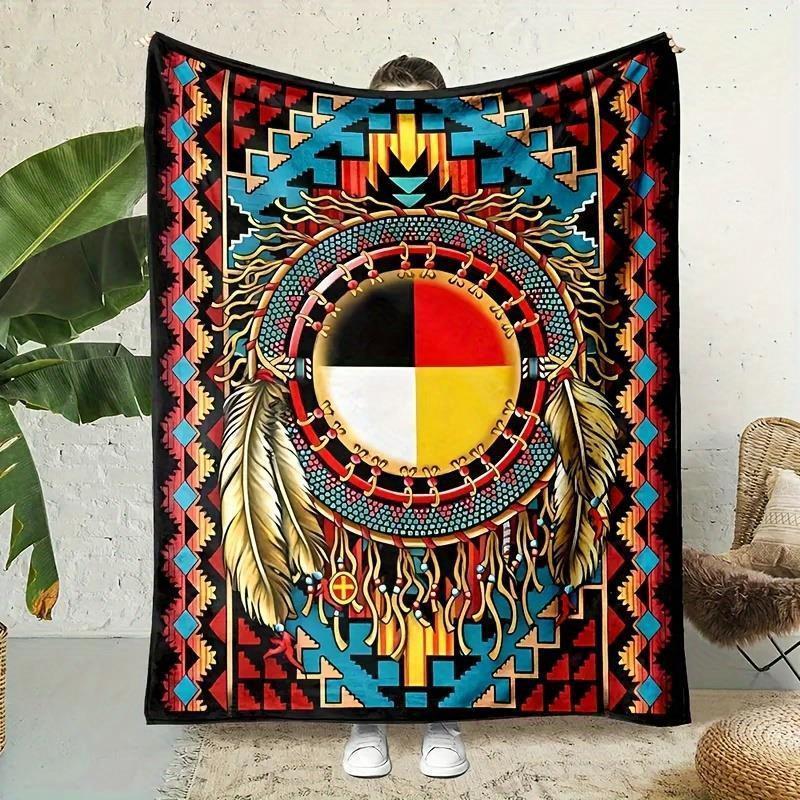 TEMU 1pc A Colorful Blanket - Soft And Lightweight Featuring A Sunset And Feather Pattern, With A 3d , Ideal For Use On A Sofa, Bed, During Travel,