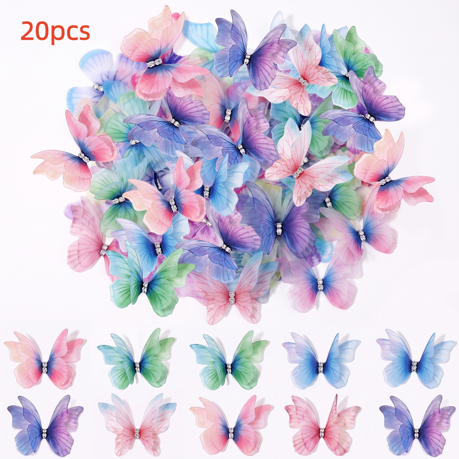 TEMU 20 Gauze Butterflies, Random Colors, Colorful Double-layer Appliqués, 3d Wall Decor, Diy Ornaments, Decorative Butterflies For Crafts, Wedding