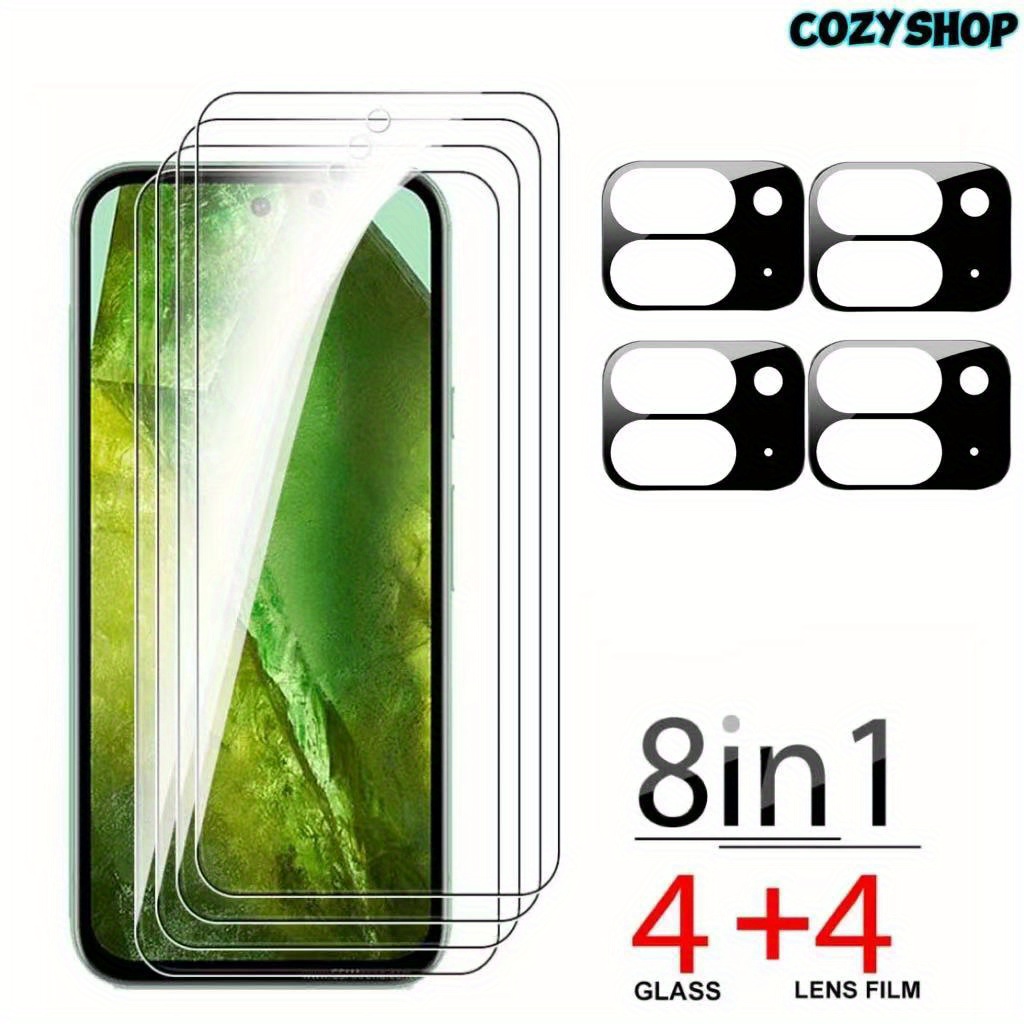 

4+ 4pcs Tempered Glass Screen Protector + Camera Lens Film - For Pixel 6/6a/7/7a/8/8a/8pro/9/9a/9pro/9pro Xl Series, 9h Hardness Tempered Glass, Resistance, Dual