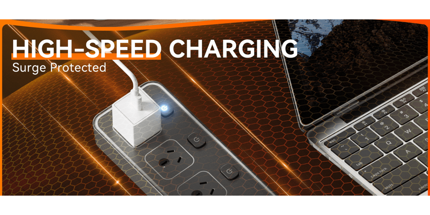 HEYMYTH Power Board Individual Switch - 3250W Power Strip with 5 AC Outlets, 2 USB A and 4 USB C, Powerboard 1.8m Extension Cord for Home and Office, Overload Protection (Black)