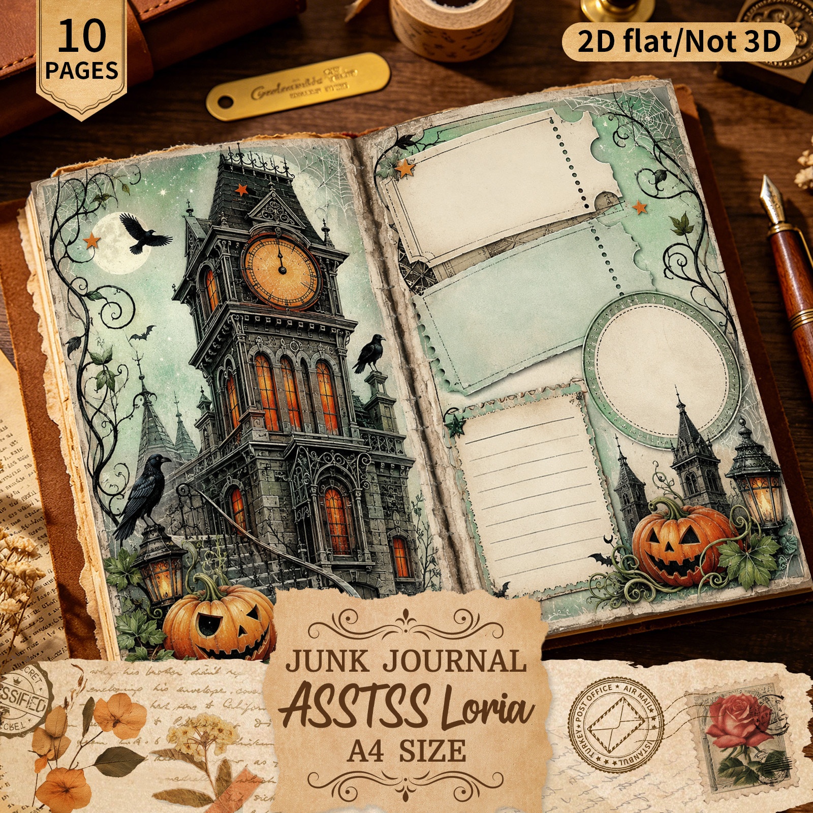 TEMU ASSTSSLORIA 10 Feuilles A4 Papier Décoratif 2D Plat Gothique, Journal de Détritus Artisanal et Papier d'Artisanat Décoratif, Fournitures