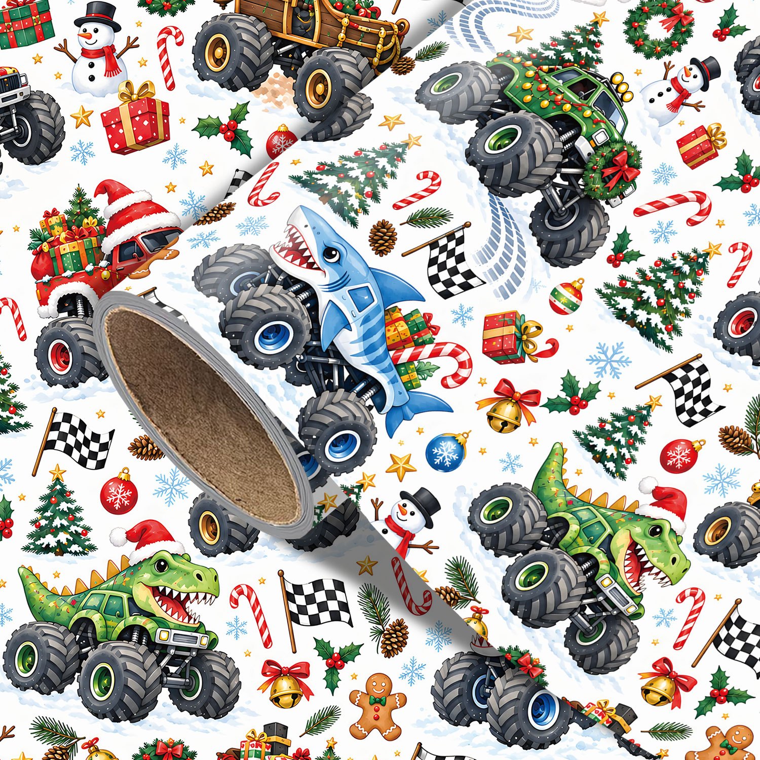 TEMU Rouleau de Camion de Noël - 17,7 Pouces x 118 Pouces, Papier d'Emballage Cadeau de Fêtes avec Camions Monstres, de Noël, Motif Drapeaux à pour