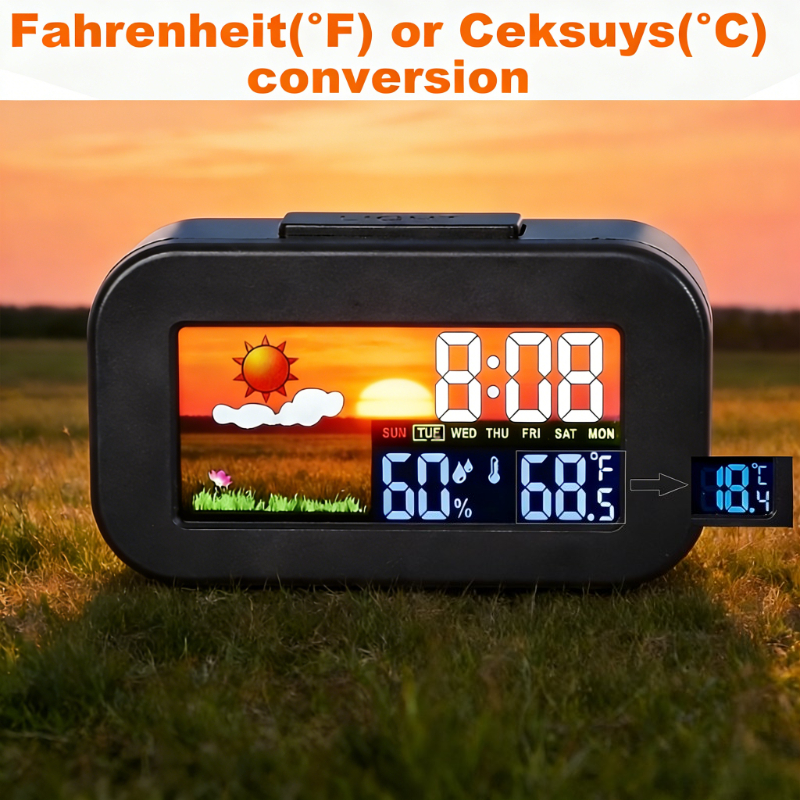 E-shop Schwarzer Wetterüberwachungs-Wecker, geeignet für Schlafzimmer-/Wohnheim-Schreibtischdekor. Batterien nicht enthalten. Verfügt über einen