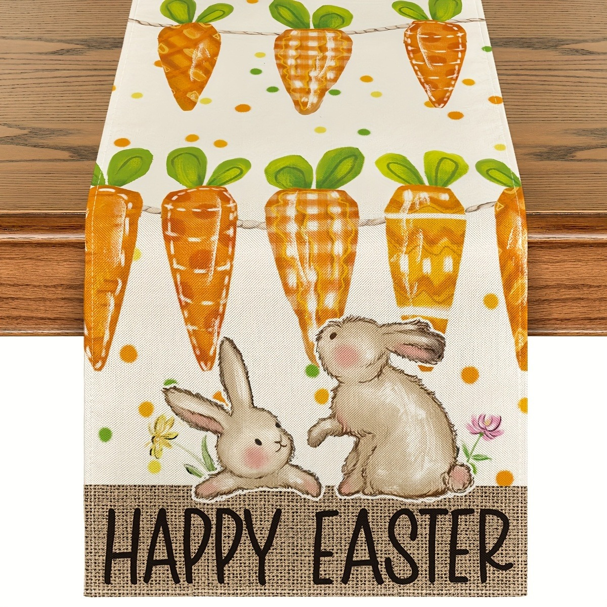 Easter Bunny Table Runner - Black & White Buffalo Stripe Plaid With Rabbits, 13x72 Inch, Linen For Spring Holiday Decor
