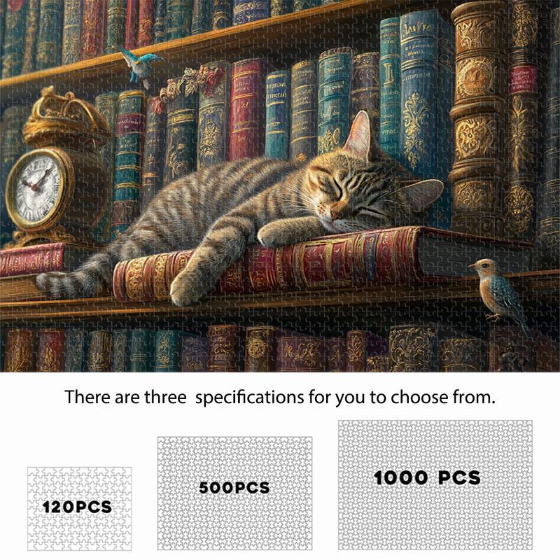 

120/500/1000pcs Vintage Bookshelf & Cat Garden Theme , Feline, Challenging Brain Teaser, Puzzle , Ideal New Year Gift, With Manufactured Wood, For Home Decor, 14+