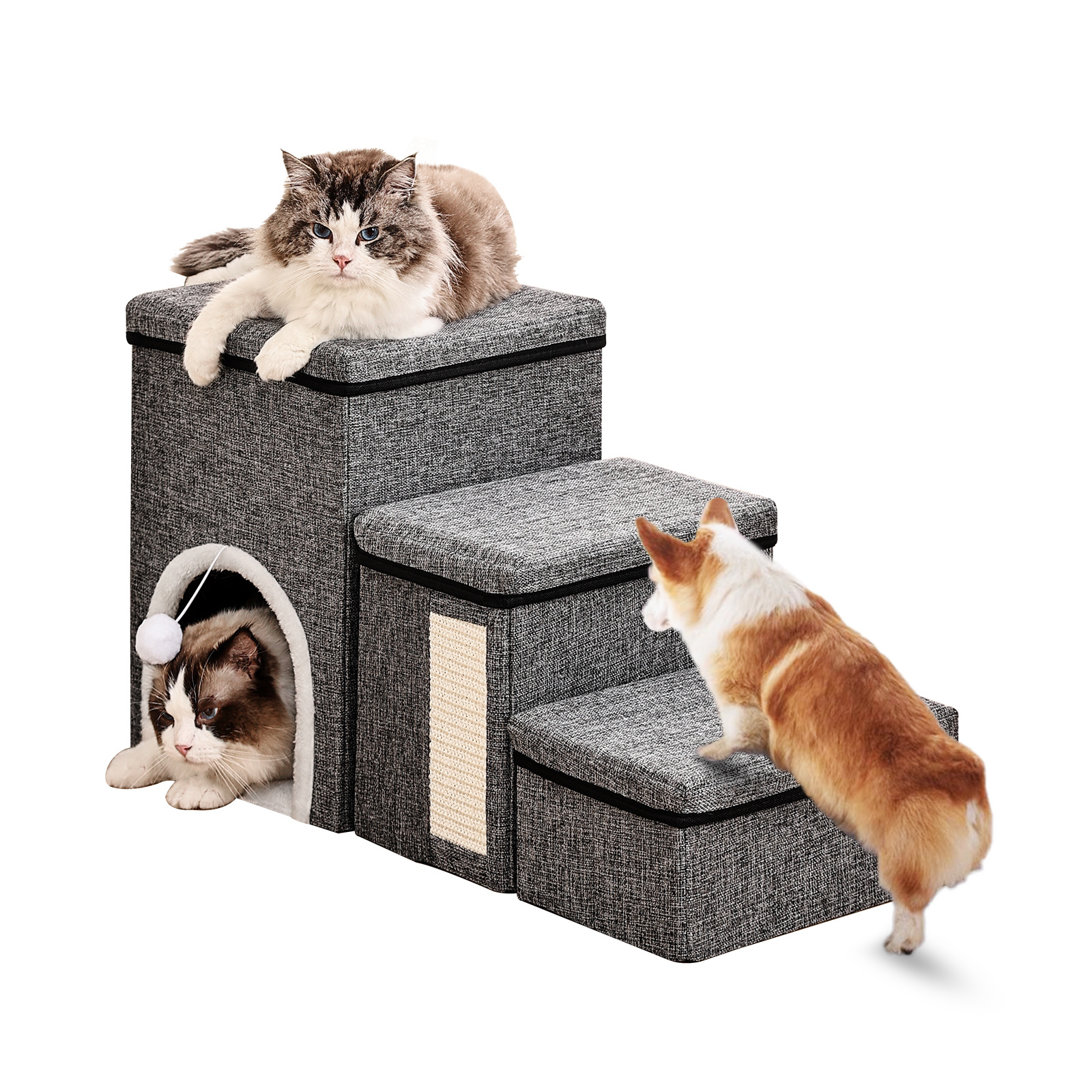3 Steps Folding Stairs | 17in High, Non-slip Base, Gray With Cat Cave, Recommended For Small Dogs By Ubravoo