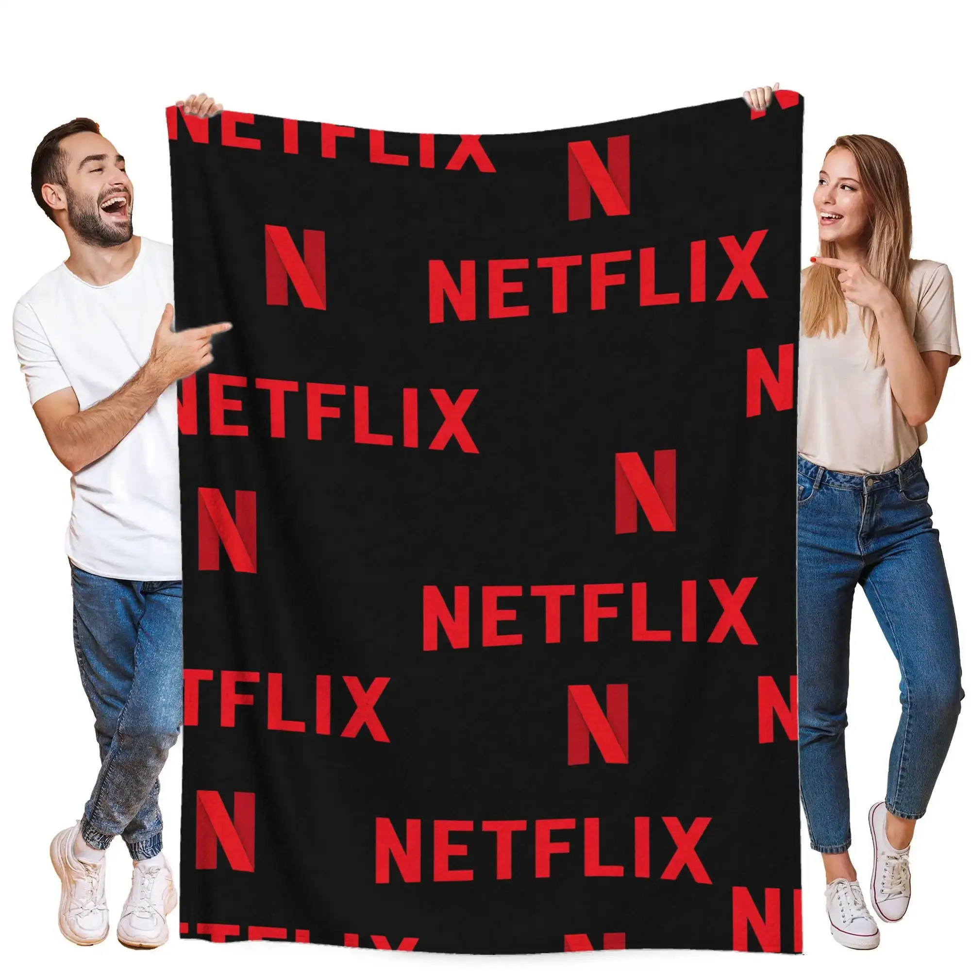 TEMU Netflix-logotyp Kastfilt - Ultra- flanell för alla säsonger, soffa, säng, kontorsdekoration - Modig svart & röd streaming service design -
