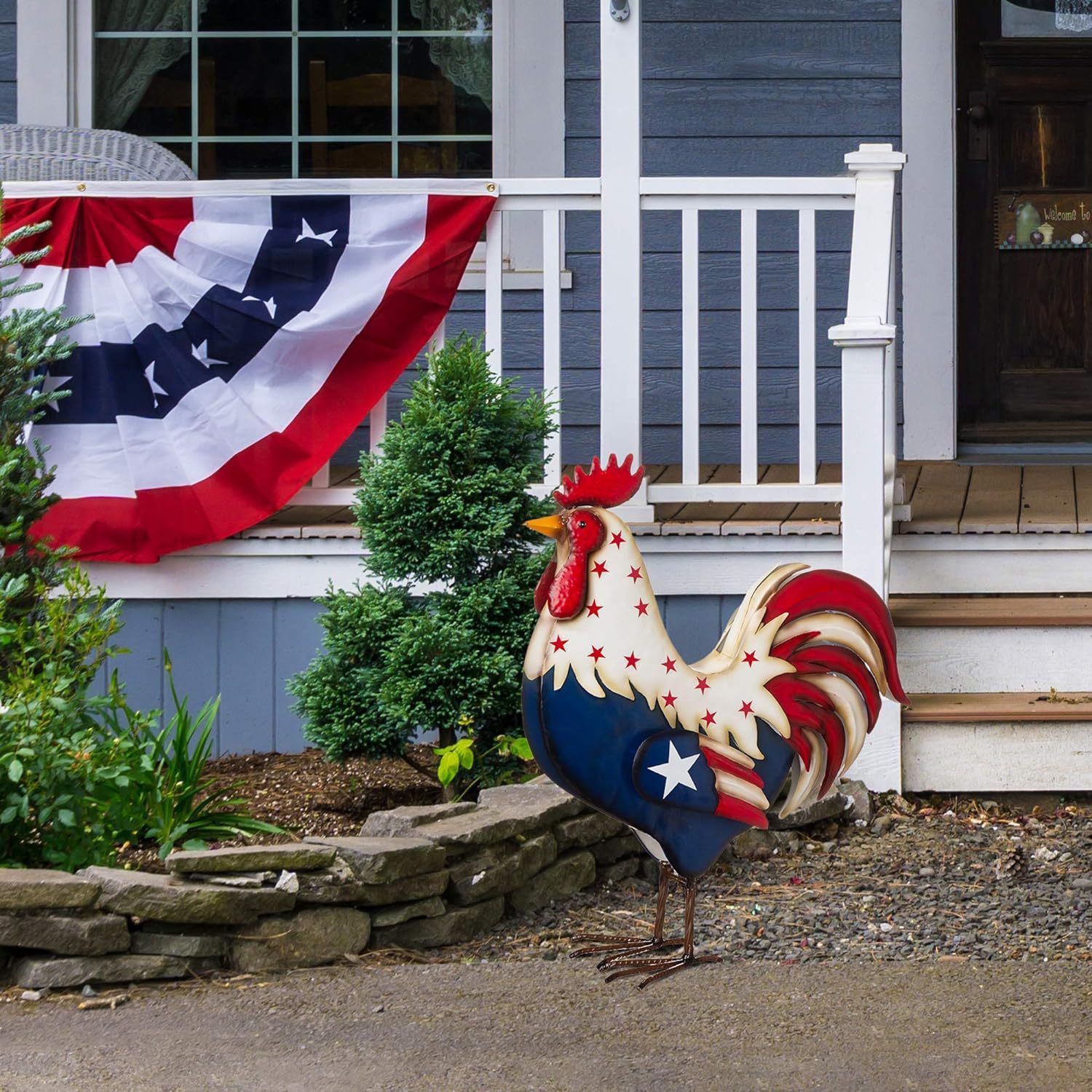 

Patriotic Metal Rooster Statue With American - Easy-to-install, Freestanding Outdoor Decor For & More, Ideal For Garden And Yard Display, Rooster Decor