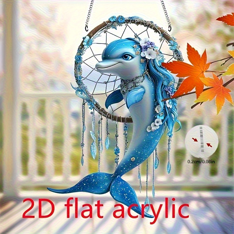 TEMU 2d Flat, 1pc Dolphin Acrylic Sun Catcher - 7.9x5.5 Inch Dolphin With Floral And Bead Design, Suitable For Bedroom, Living Room Window Hangings,