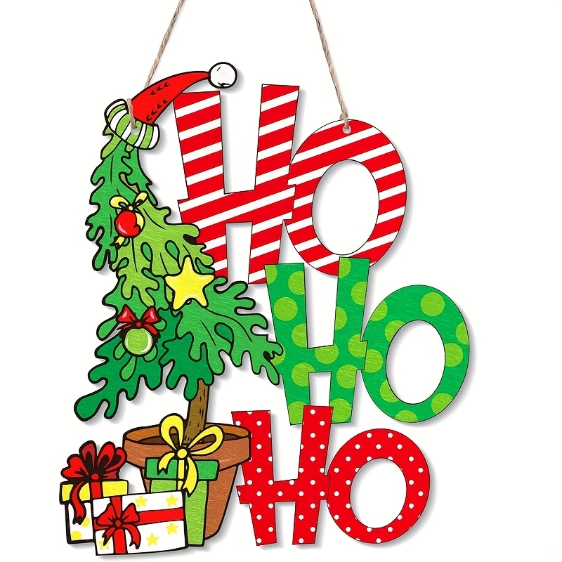 TEMU 2d Flat, 2d Flat 1pc Christmas Door Hanging Decoration - Ho! Red And Sign With Gift, Artificial Wooden Door Hanging Ornament, Suitable For
