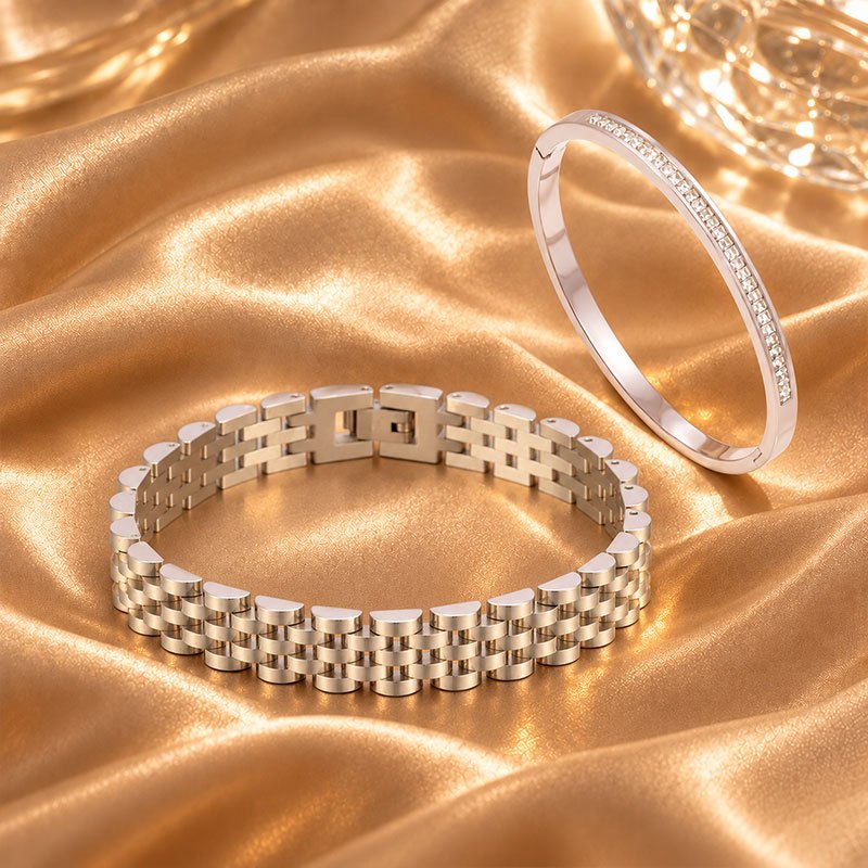 2pcs Women's Stainless Steel Bracelet Set with Zirconia Bangle
