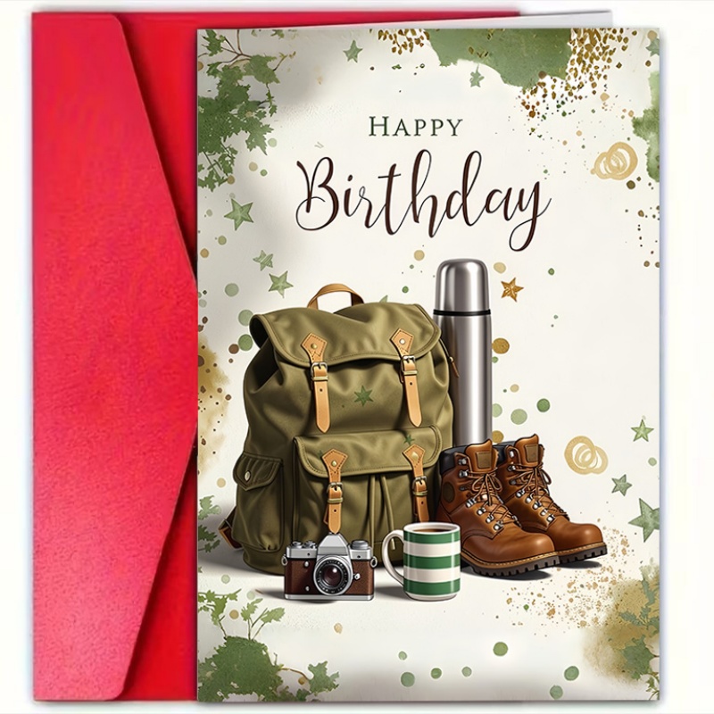 TEMU 1pc Happy Birthday Greeting Card, Outdoor Adventure - Themed With Hiking Gear (backpack, Boots, , Camera, Mug), Green And Brown Color Palette,