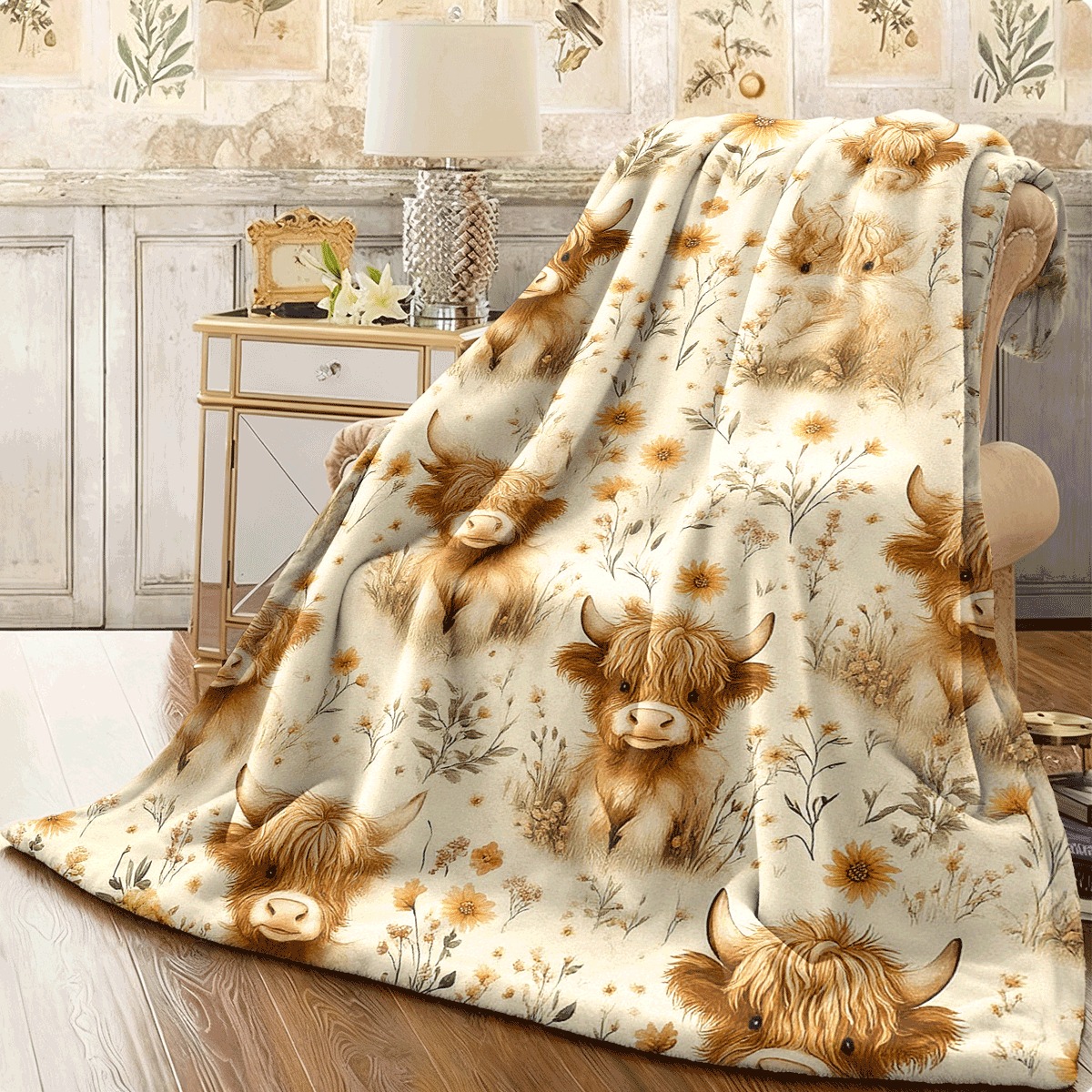 TEMU 1pc, Vintage Highland Cow And Sunflower Print Soft Flannel Blanket, Single-sided Print, Soft And Comfortable, Suitable For , Perfect For Sofas,