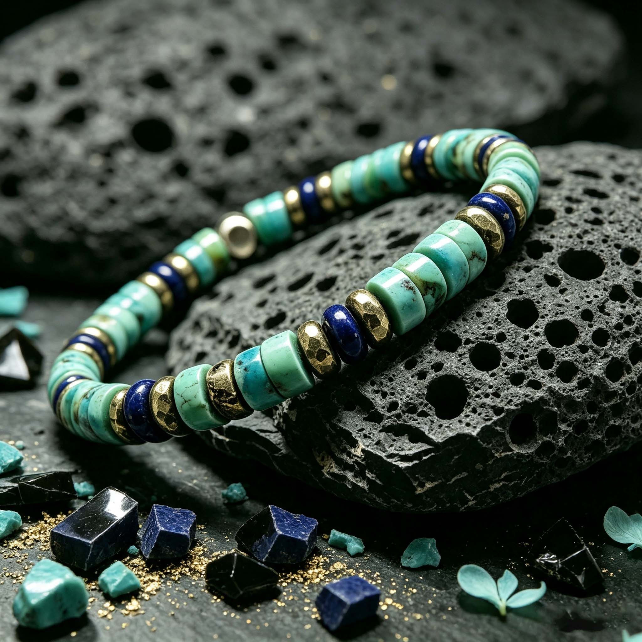 Natural Turquoise, Lapis Lazuli & Pyrite Flat Bead Elastic Bracelet