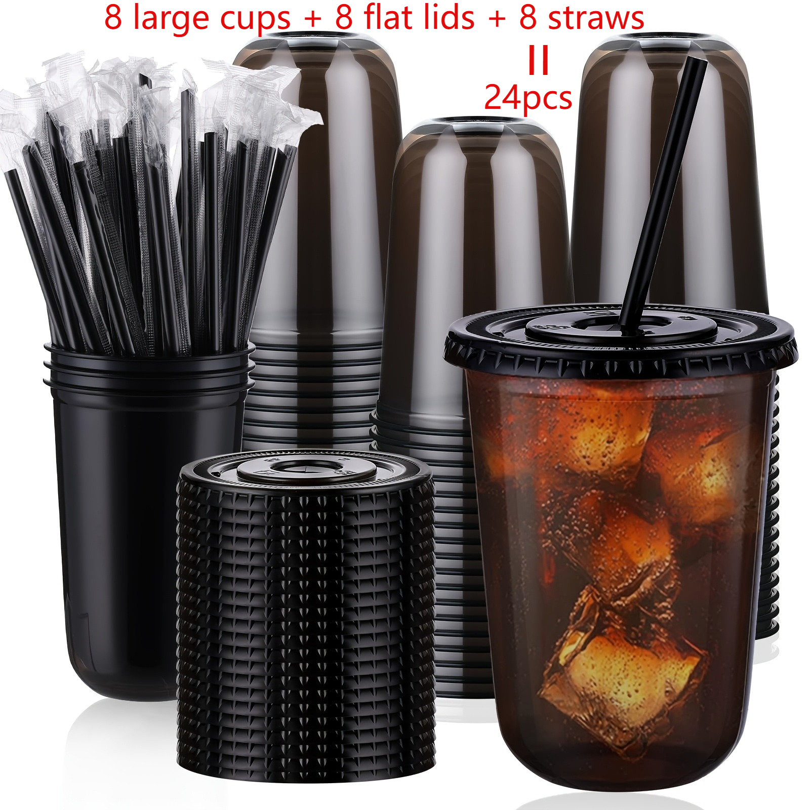 TEMU 24pcs Of 16-ounce Black Transparent Cups With Lids And Straws- Disposable Cold Drink Cups For Iced Coffee, Milk Tea, Smoothies, And Parties.