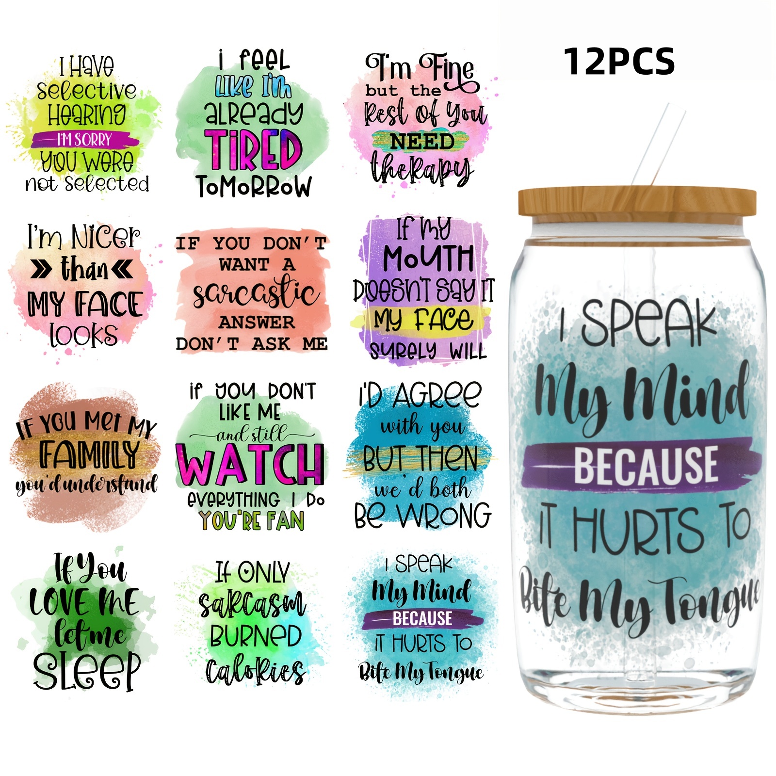 TEMU 12pcs Satirical Uv Dtf Glass Cup Wrap Set, Suitable For 16oz Glasses, Decorative Cups, Bottles, Etc., Crafts, Diy Art Supplies, Packaging