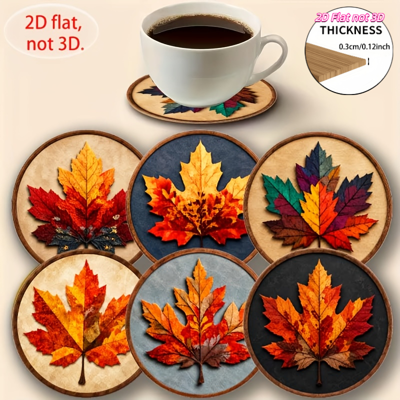 TEMU Lot de 6 sous-verres vintage de feuille d'érable - en bois, adaptés , et la décoration de table, dessous de verre multicolores à imprimé ,