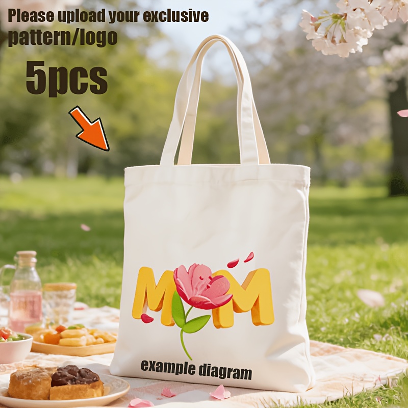 TEMU Gift For Her/him: 5 Customizable Pattern Canvas Tote Bags, Personalized Design/logo Tote Bag, 15.75x 13.78inch Large Everyday Shopping And