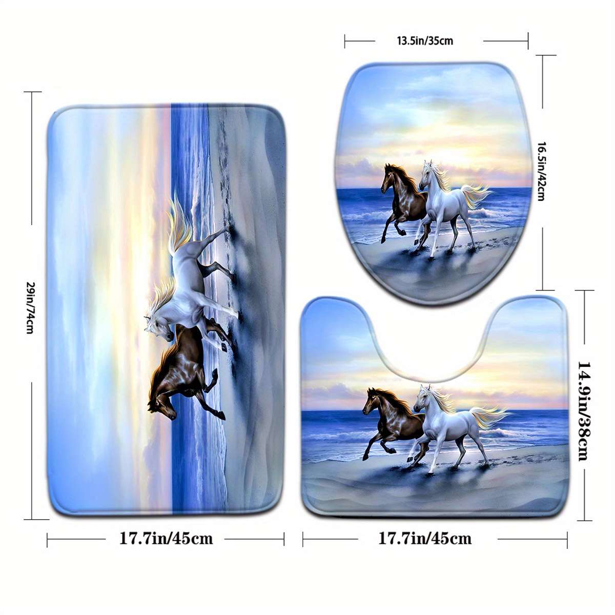 TEMU Open 3pcs Beach Running Horse Bathroom Mat Set Toilet Seat Ring U-shaped Foot Pad