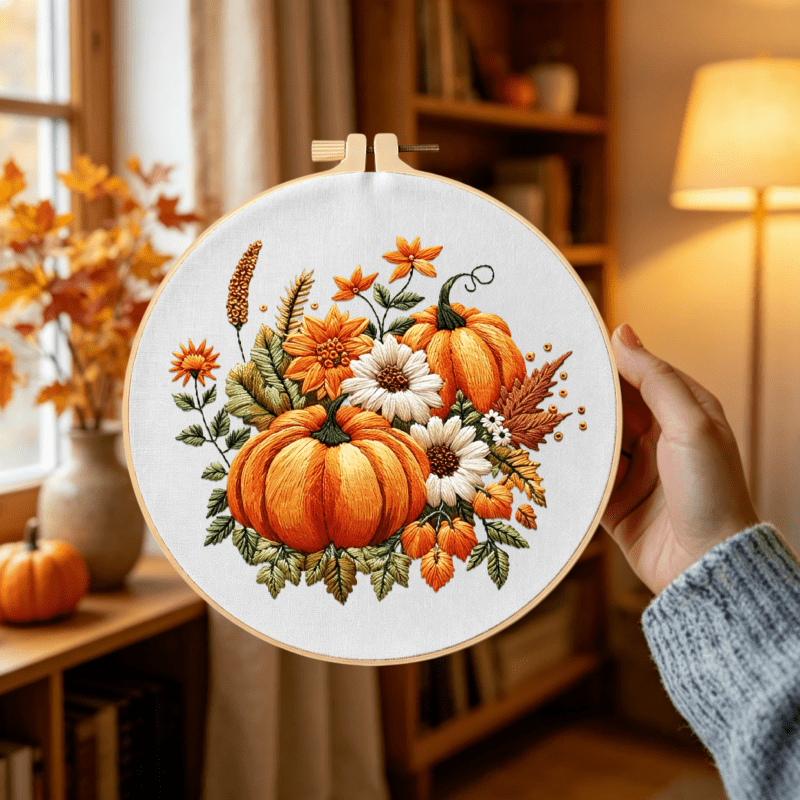 Fall Pumpkin Autumn Harvest Halloween Embroidery Kit for Adults & Beginners