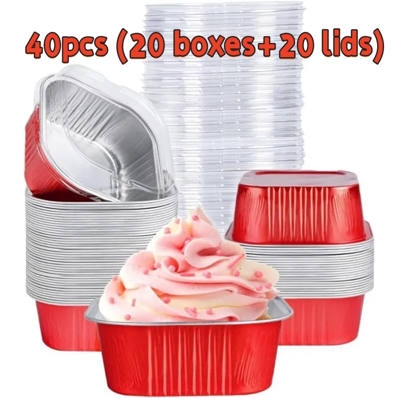TEMU 40pcs (20 Boxes And 20 Lids) Red Square Aluminum Foil Cake Boxes, Square Aluminum Foil Brownie Baking Cups, Suitable For Cheesecake, Pudding,