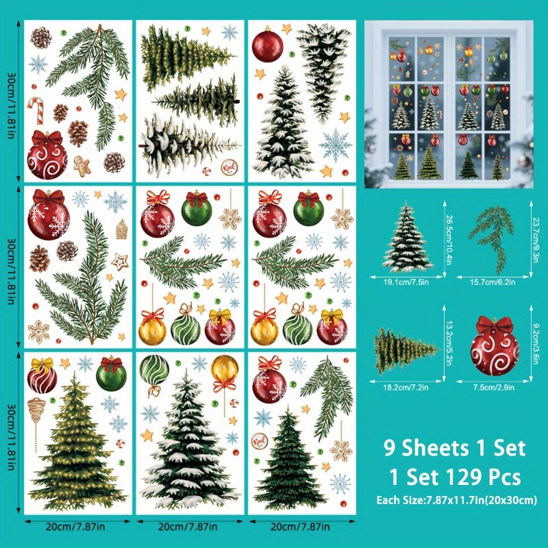 Image of 129pcs Of Retro-style Christmas Window Stickers Featuring A , Tree Ornaments, And Reusable Decals Suitable For Settings Like Homes, Offices, And Party Venues During The Winter Season