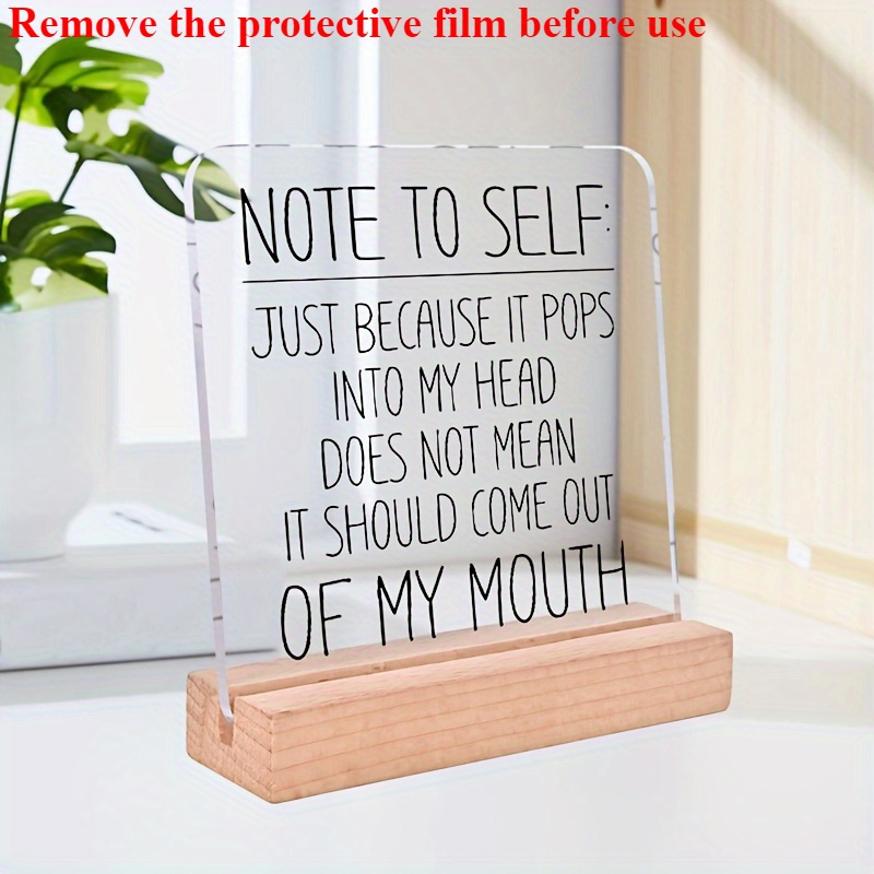 TEMU Plaque de Bureau 2D Plate sur Mentale avec Base en Bois - Décoration de Bureau en Acrylique avec Amusante "Note à Soi-même", Décor Contemporain